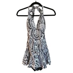 Y2K Paisley Halter One Piece Skirt Black Swimsuit‎ Large Romantic Femme Retro L